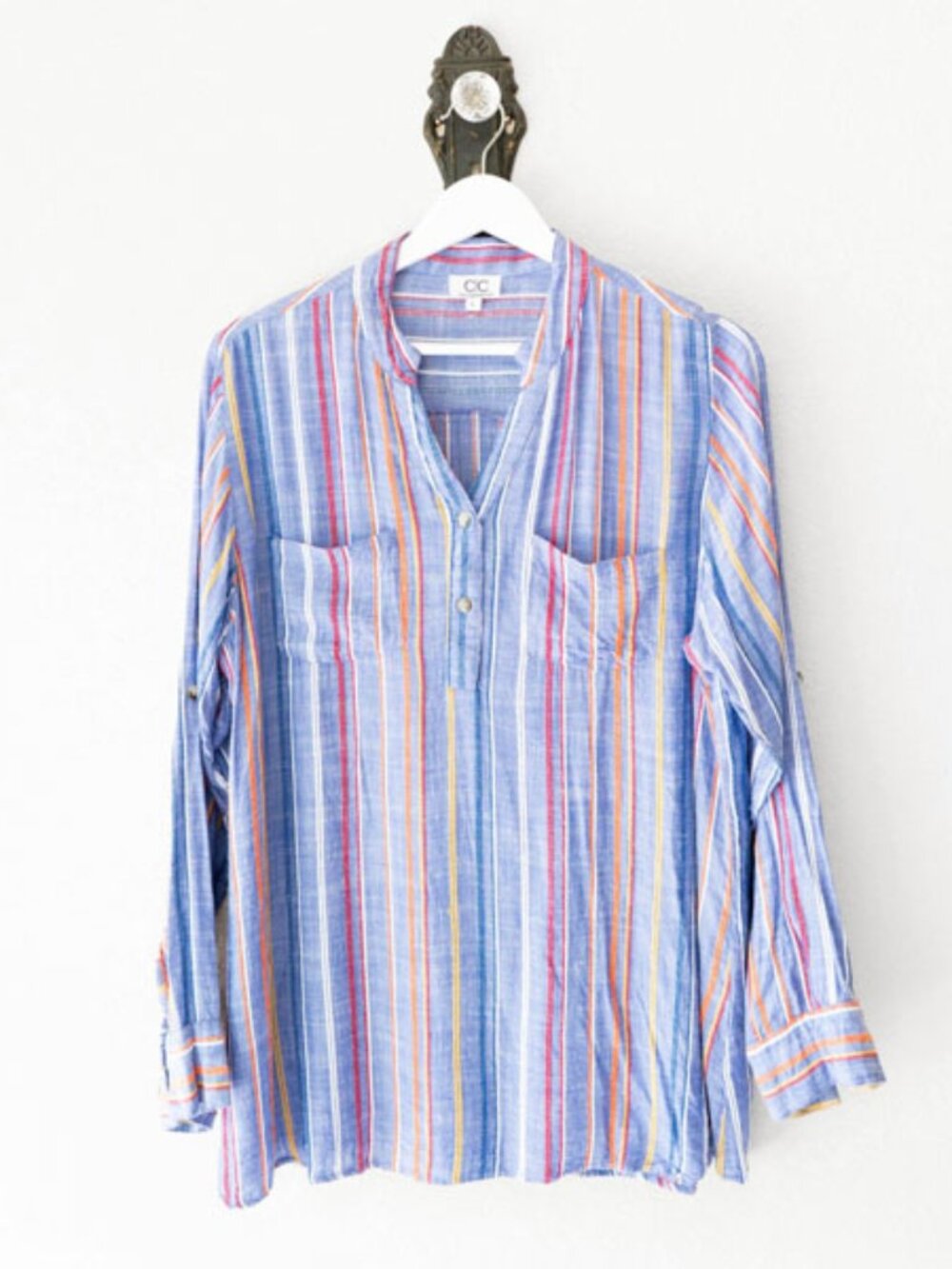 CC Chic Connection Striped Cotton Popover Blouse L Embroidered Lightweight Top